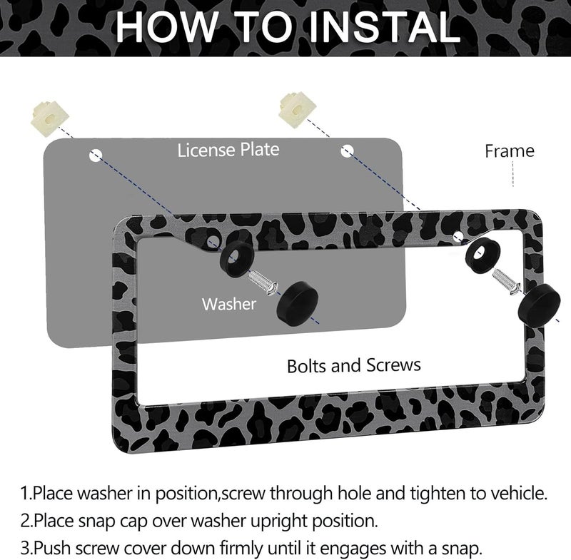 LIN KANG Black Leopard Print License Plate Frame - 2 Pack Animal Leopard Cheetah Print Tags Frames Holder, Car Decorative Tag Frames with Screws Fasteners Caps - Image 3